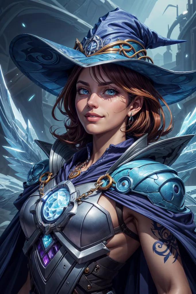 This is an image of a female mage. She is wearing a blue hat and a silver breastplate. She has brown hair and blue eyes. She is carrying a staff in her right hand. She is standing in a dark place. There are some blue crystals floating around her. She is probably a powerful mage and is ready to cast a spell.