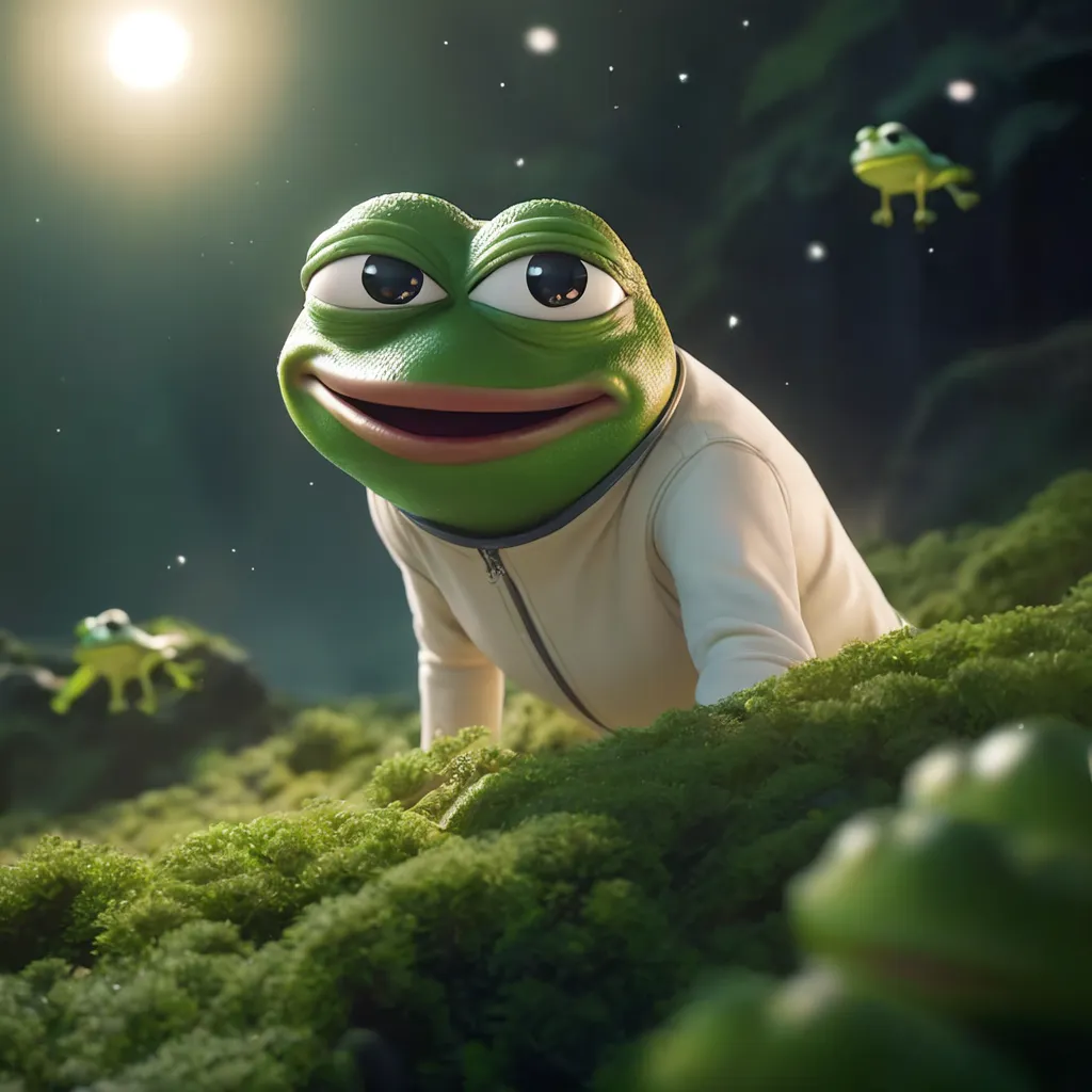 The image shows a green frog wearing a white spacesuit with a green stripe in the middle. The frog is crouching on a bed of moss, looking at the camera with a curious expression. In the background, there are several other frogs, all wearing similar spacesuits. The frogs are in a lush green forest, with a bright sun shining through the trees.