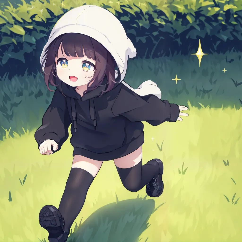 The image shows an anime girl with brown hair and blue eyes. She is wearing a black hoodie with a white panda hat. She is running in a field of green grass, and there are sparkles in the air around her. She is smiling and looks happy.