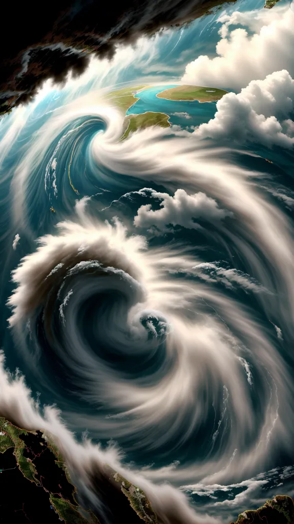 The image shows a hurricane from above. The hurricane is surrounded by clouds and has a distinct eye in the center. The eye is surrounded by a ring of clouds that are rotating counterclockwise. The hurricane is moving towards the viewer.