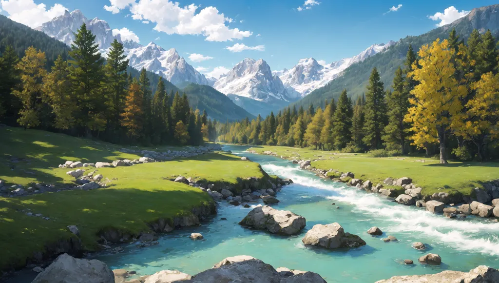 The image shows a beautiful mountain landscape with a river in the foreground. The river is flowing through a valley between two mountains. The mountains are covered in snow. The sky is blue and there are some clouds. The valley is green and there are some trees.