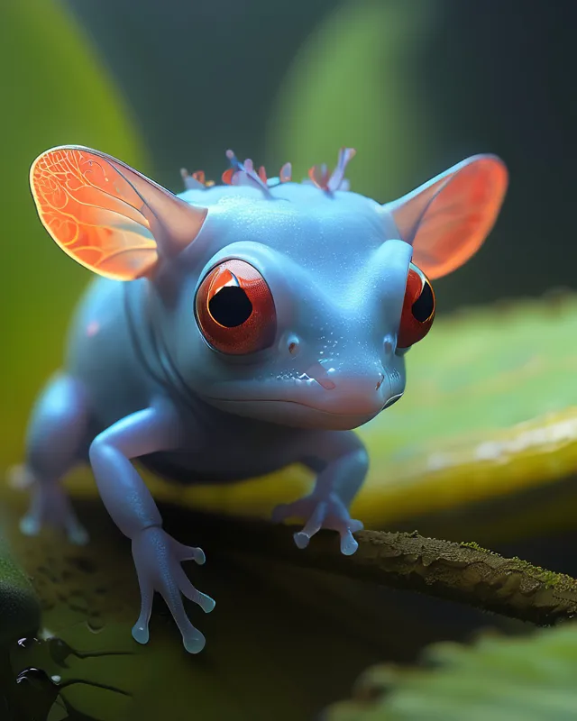 The image shows a small, blue frog-like creature with red eyes and orange, wing-like ears. It is sitting on a green leaf and looking at the camera. The creature's skin is smooth and moist-looking, and its eyes are large and round. Its feet are webbed, and its toes are long and slender. The background is a blur of green leaves.