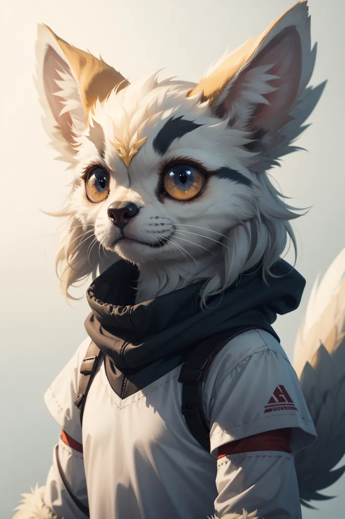 The image shows a white furry creature with large, pointed ears and a long tail. It is wearing a white and gray jacket with a red and white striped collar. The creature has bright blue eyes and a small, triangular nose. It is looking at the viewer with a curious expression.