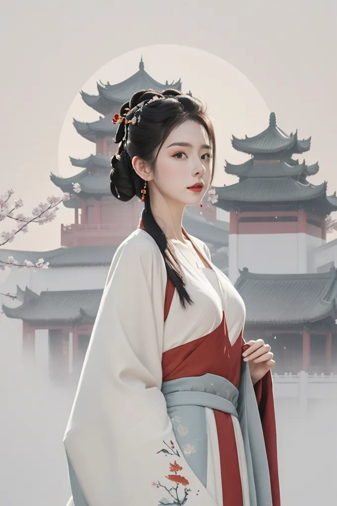 The image shows a young woman in a traditional Chinese dress standing in front of a Chinese-style building. The woman is wearing a white and red dress with a long white scarf. Her hair is black and long, and she is wearing a traditional Chinese hairstyle. The background of the image is a Chinese-style building with a white wall and gray roof. The building is surrounded by trees and flowers. The image is very beautiful and it captures the beauty of traditional Chinese culture.