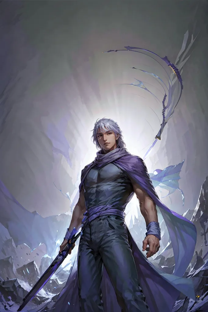 The picture shows a man standing with a sword in a rocky landscape. He is wearing a black sleeveless shirt, black pants, and a purple scarf. He has white hair and purple eyes. He is holding a sword in his right hand. There is a large rock formation behind him.