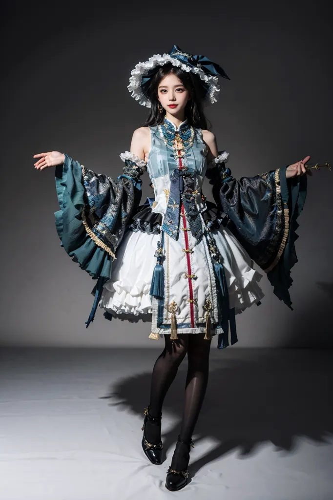 The photo shows a young woman wearing a beautiful Chinese-style dress with a blue and white floral pattern. The dress has a fitted bodice with a high collar and a flared skirt. The sleeves are long and wide, and the hem of the dress is trimmed with a delicate floral lace. The woman's hair is styled in a traditional Chinese bun, and she is wearing a pair of black shoes with white stockings. She is also wearing a necklace, a bracelet, and a pair of earrings, all of which are made of gold. The woman is standing in a graceful pose, and she looks like a beautiful princess.