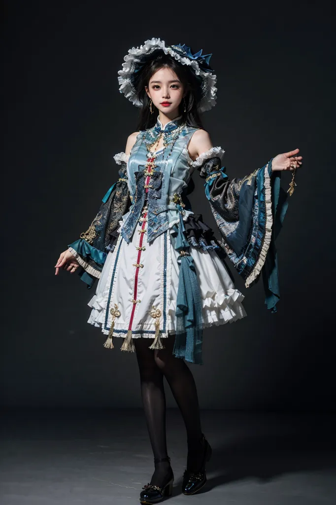 The photo shows a young woman wearing a beautiful blue and white dress with a traditional Chinese design. The dress has a fitted bodice with a high collar and short sleeves. The skirt is full and flared, with a scalloped hem. The woman's hair is long and black, and she is wearing a matching blue and white headdress. She is also wearing black stockings and blue shoes. The woman is standing in a dark room, with a spotlight shining down on her. She is looking at the camera with a serious expression.