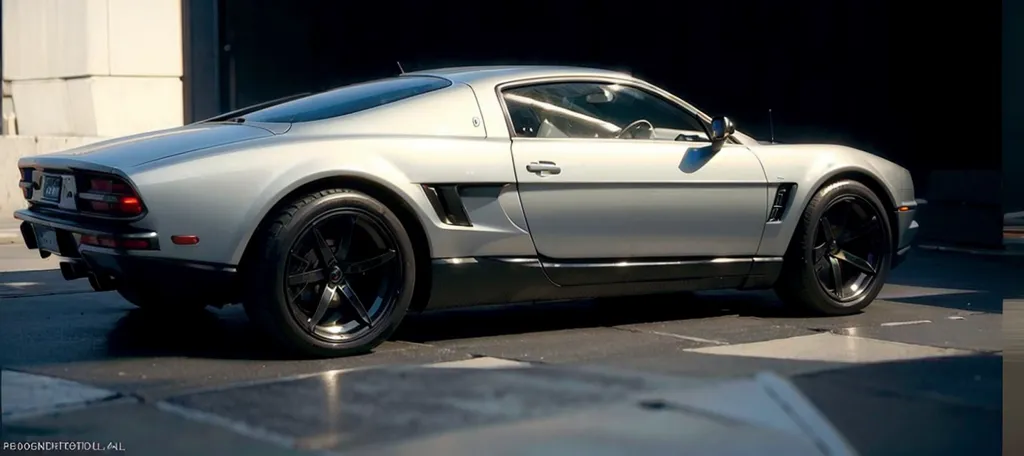 The image shows a silver sports car with a black interior. The car is parked on a city street with a building in the background. The car is sleek and stylish, with a long hood and a short trunk. It has a spoiler on the back and a sunroof. The car is in pristine condition and looks like it is just out of the showroom.