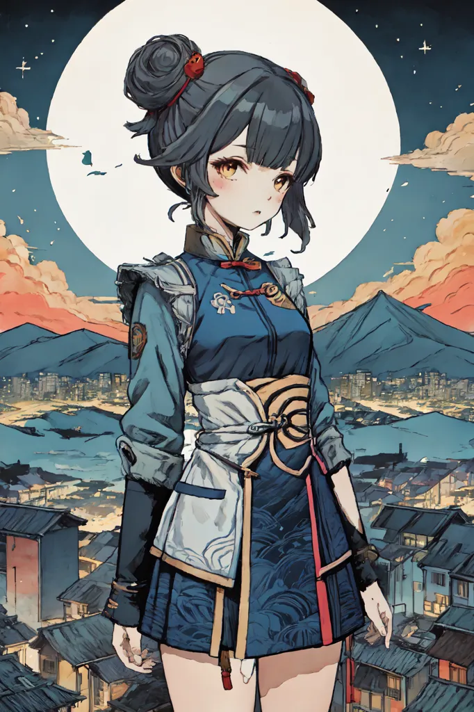 This is an illustration of a young woman standing in a traditional Chinese setting. She is wearing a blue and white outfit with a red sash and has her hair in a bun. The background is a full moon and a cityscape. The art style is anime-inspired, with soft colors and shading.