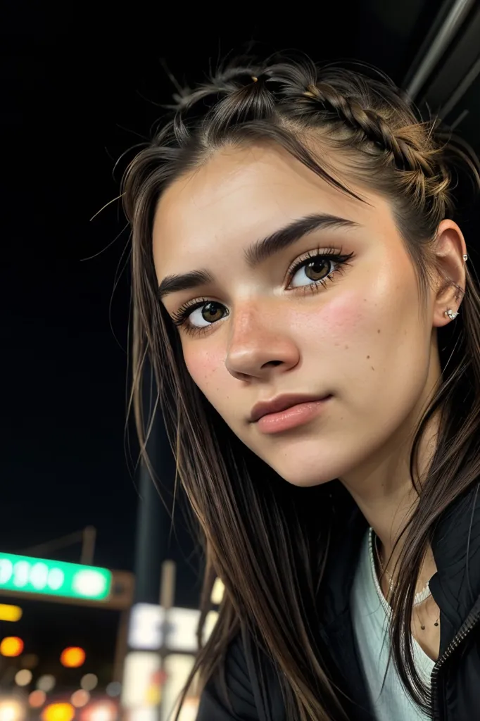 This is a picture of a young woman, probably in her late teens or early twenties. She has long, dark hair with a few loose braids. Her skin is smooth and flawless. She is wearing a dark jacket and a light-colored shirt. The background is blurry, but it looks like she is sitting in a car.