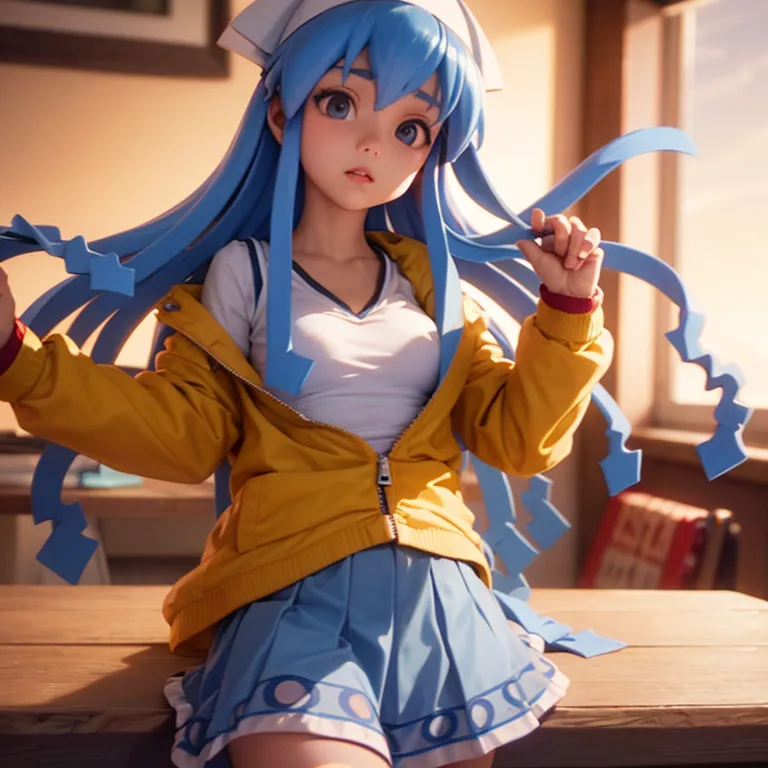 This is an image of a young girl with blue hair and blue eyes. She is wearing a white shirt, a yellow jacket, and a blue skirt. She is sitting on a table, with one hand on her hair and the other on the table. She is looking at something with a curious expression on her face.