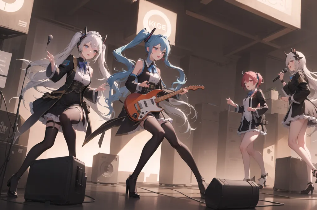 The image shows a band of four anime girls performing on stage. The girl on the left is playing the drums, the girl in the middle is playing the guitar, the girl on the right is singing, and the girl in the back is playing the keyboard. They are all wearing black and white outfits. The stage is decorated with lights and speakers. There is a large screen behind them that says "KGE".