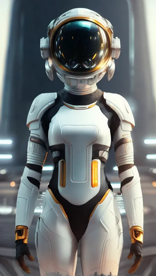 This is an image of a woman in a futuristic spacesuit. The spacesuit is white and gold, and has a lot of detail. The woman is standing in a dark room, and there is a bright light behind her. The spacesuit has a helmet with a visor, and the woman's face is not visible.