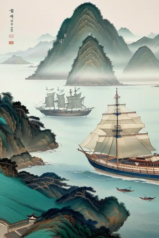 这幅图像是一幅描绘中国帆船在海上航行的中国画作品。船只位于前景,背景是一座巍峨的山峰。山峰被树木覆盖,山顶有一座寺庙。水面非常平静,远处有几座小岛。这幅画作采用了非常写实的风格,色彩鲜艳夺目。