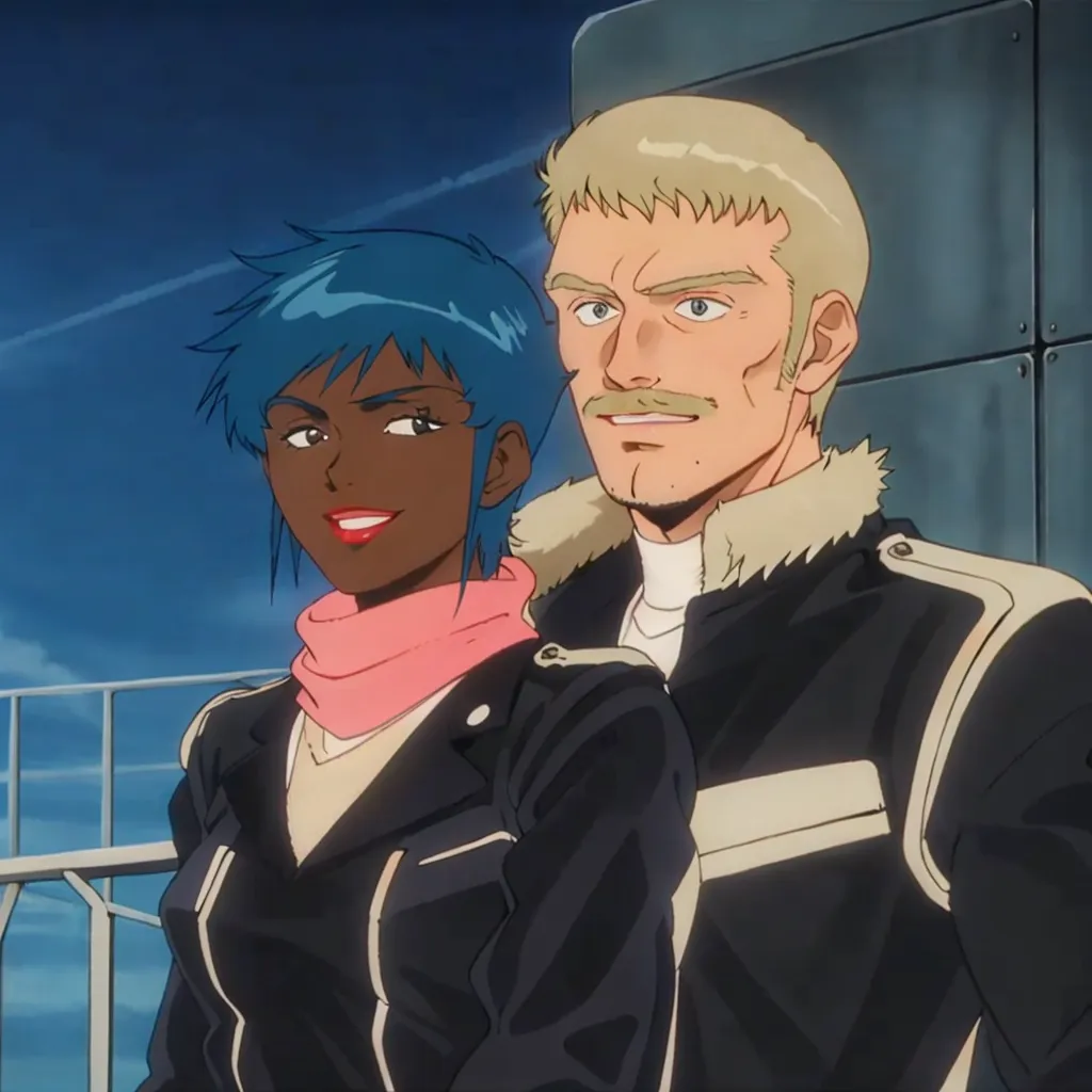 This is an image of two characters from the anime series Mobile Suit Gundam 0080: War in the Pocket. On the left is Bernard Wiseman, a Zeon soldier, and on the right is Christina Mackenzie, a Federation spy.