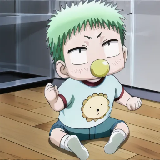 The image shows a baby boy with green hair and brown eyes. He is wearing a white shirt with a lion on it, blue shorts, and white socks. He is sitting on the floor and has a pacifier in his mouth. He looks like he is about to cry.