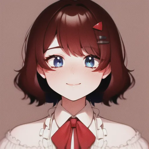 This is an image of an anime girl with short brown hair and blue eyes. She is wearing a white shirt and a red bow. She has a gentle smile on her face. The background is a light pink color.