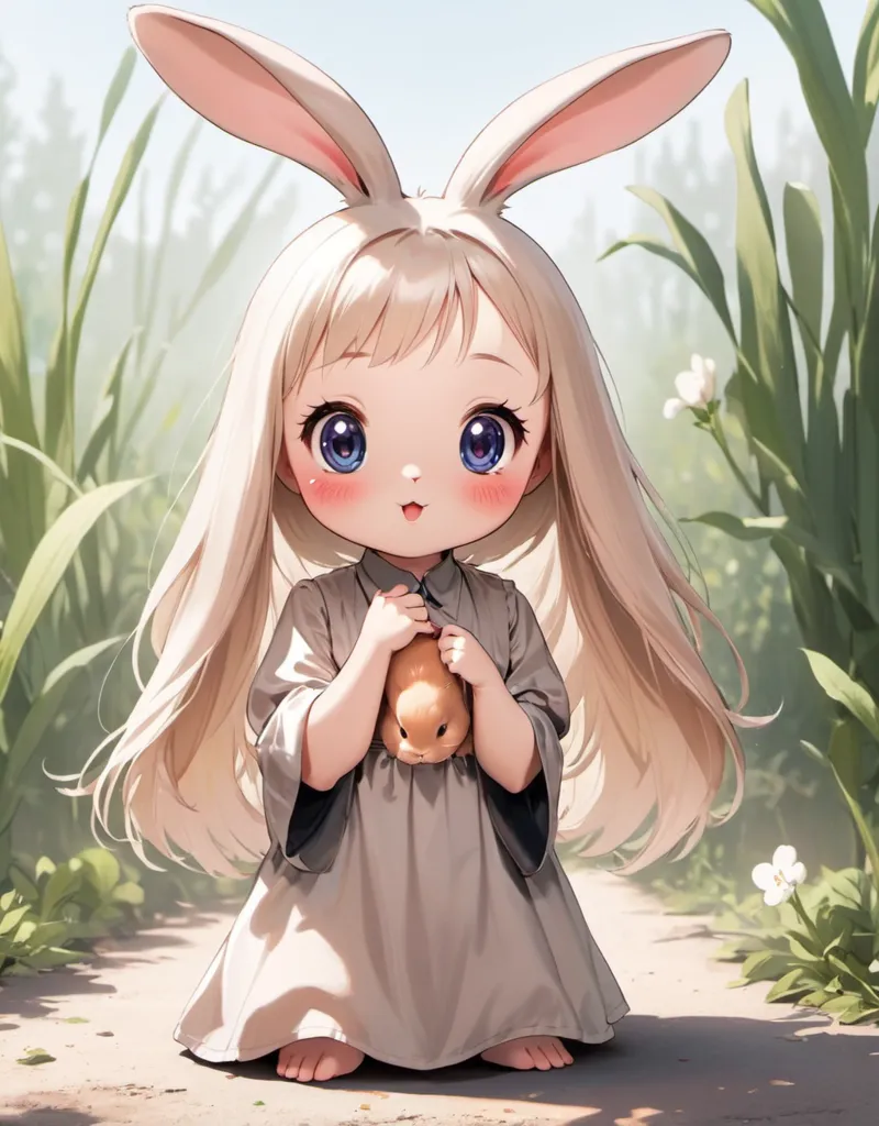 The image shows a cute anime girl with long blond hair and blue eyes. She is wearing a white dress and has rabbit ears. She is standing in a field of green grass and flowers. She is holding a small brown rabbit in her hands and smiling. The image is drawn in a chibi style and is very cute.