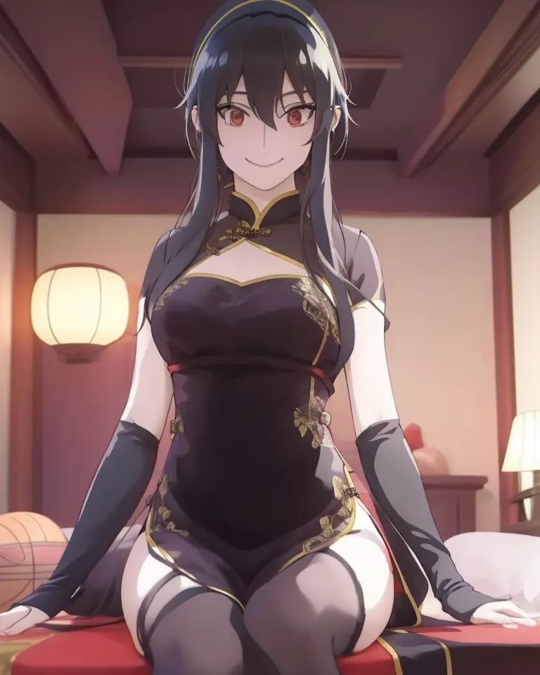 The image is of a young woman with long black hair and red eyes. She is wearing a black cheongsam with a high collar and a long slit on one side. The dress is decorated with gold and red flowers. She is sitting on a bed with a red coverlet. There is a lantern on the left side of the im