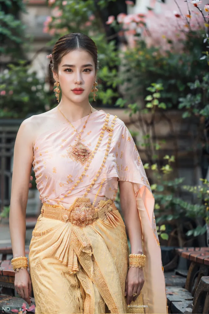 The picture shows a young Thai woman wearing a traditional Thai dress called a sabai. The sabai is a long piece of cloth that is wrapped around the body and secured with a belt. The woman is also wearing a traditional Thai hairstyle and jewelry.