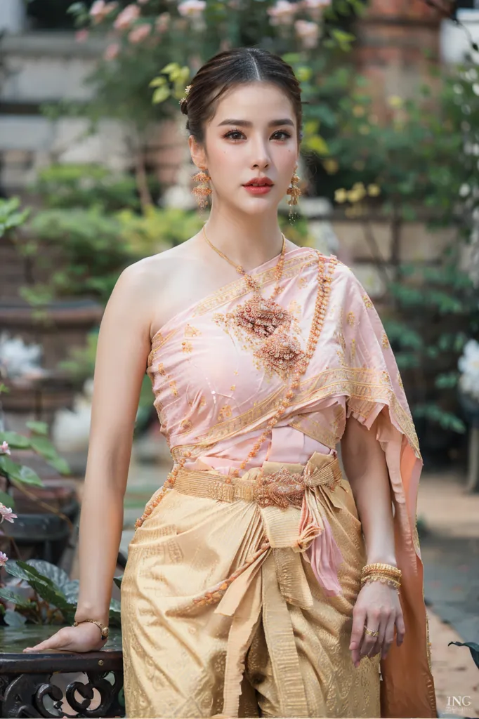 The picture shows a Thai woman wearing a traditional Thai dress called a sabai. The dress is made of a pink and gold brocade fabric and is off the shoulder. The woman is also wearing a traditional Thai headdress and jewelry.