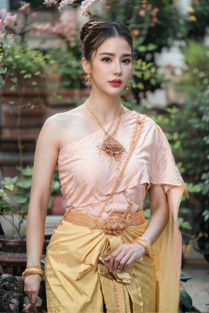 The picture shows a young Thai woman wearing a traditional Thai dress called a sabai. The dress is made of a pink and gold brocade fabric and is worn with a gold belt. The woman's hair is in a traditional bun and she is wearing gold earrings and a necklace. She is standing in a garden and there are plants and flowers in the background.