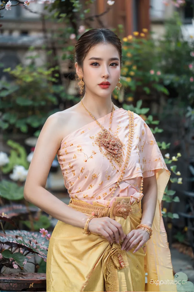 The picture shows a young Thai woman wearing a traditional Thai dress called a sabai. The dress is made of a pink and gold brocade fabric and is off the shoulder. The woman is also wearing a traditional Thai necklace and earrings. Her hair is in a bun and she has a light makeup on. She is standing in a garden and there are plants and flowers in the background.