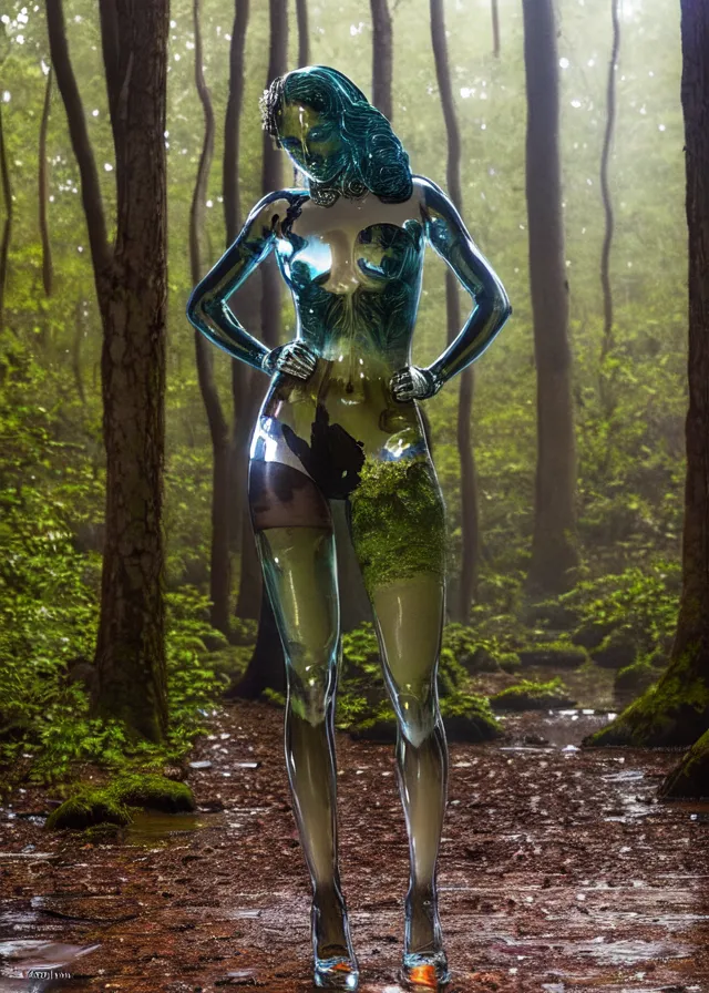 The image is a photo of a  transparent woman standing in a forest. The woman is made of glass or some other transparent material. The woman is standing with her hands on her hips. She is looking at the camera. The forest is dark and green. The trees are tall and the leaves are thick. The ground is covered in moss. There is a small stream running through the forest. The woman is standing in the middle of the stream. The water is clear and you can see the reflection of the woman in the water.