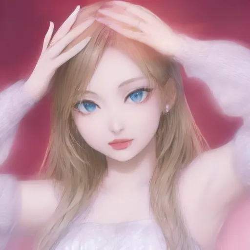 The image shows a beautiful anime girl with long blonde hair and blue eyes. She is wearing a white dress and has a gentle smile on her face. She is standing in front of a pink background, and her hair is flowing in the wind. She is wearing a white dress with a sweetheart neckline and off-the-shoulder sleeves. The dress is trimmed with white lace. She is also wearing a pair of white gloves. Her hair is styled in a half-up, half-down hairstyle with the top half pulled back into a bun and the bottom half left loose. She has a gentle smile on her face and her eyes are looking down at the viewer.