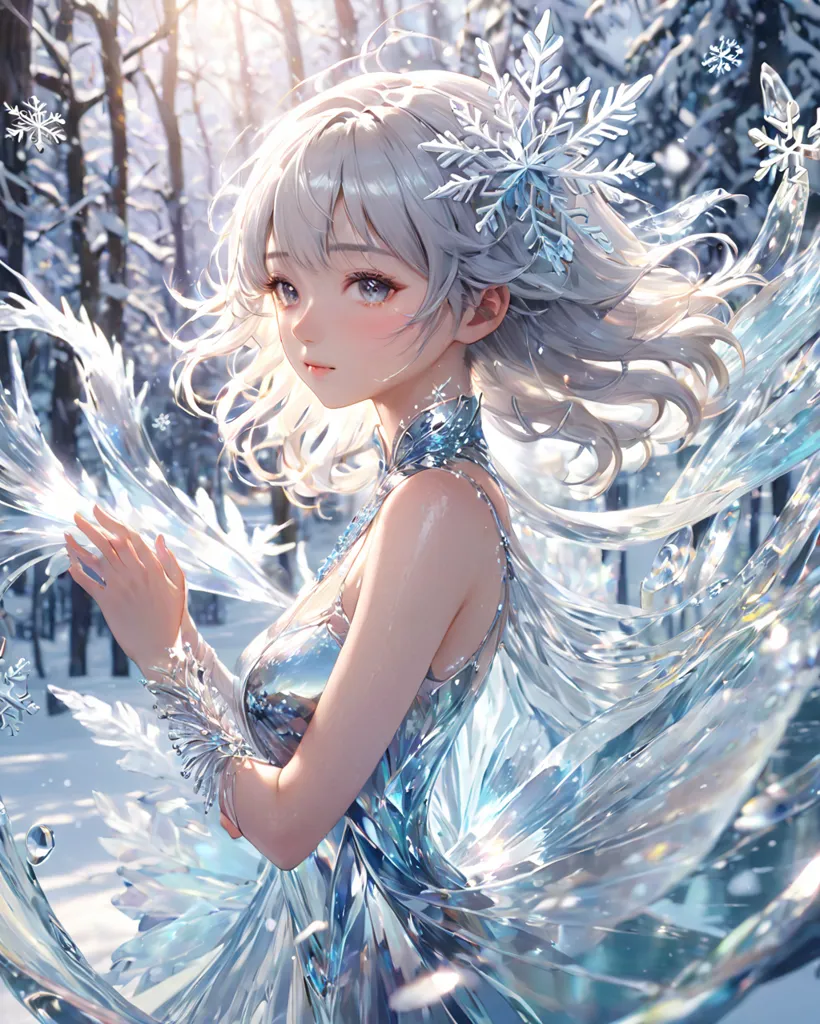 The picture shows a beautiful anime girl with long white hair and blue eyes. She is wearing a silver dress with snowflake designs. The girl is standing in a snowy forest, and there are snowflakes falling around her. She has a gentle smile on her face.