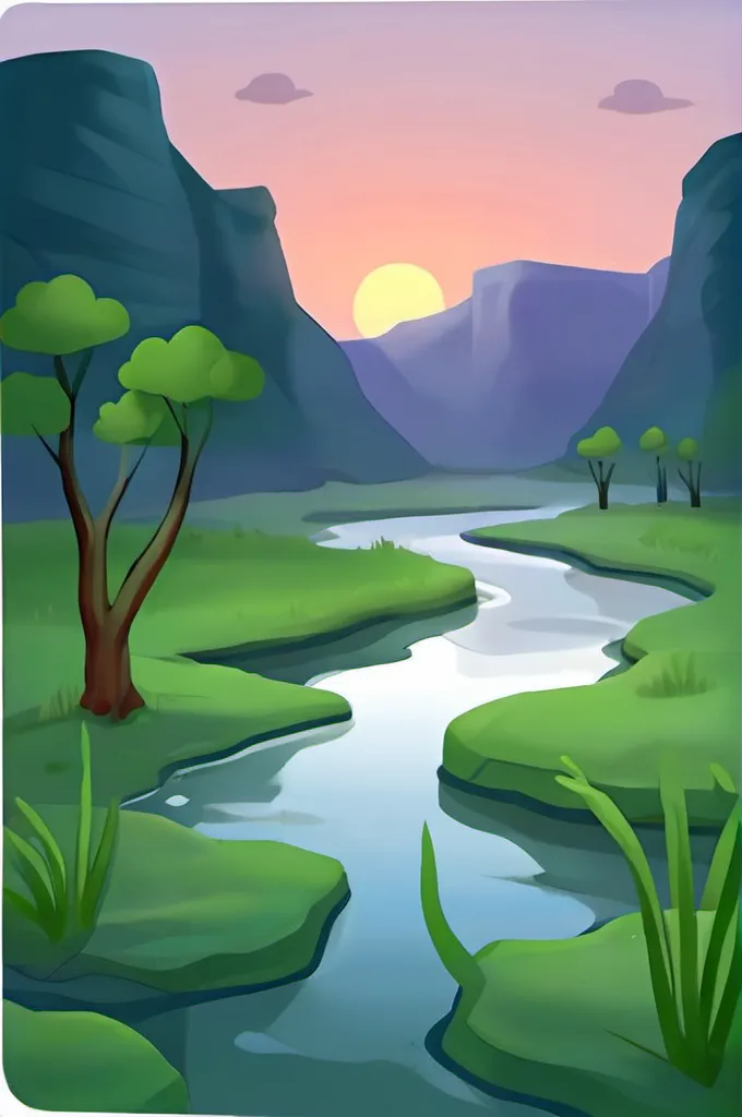 The image is of a landscape with a river running through it. The river is in the foreground and is surrounded by green grass and trees. There are two large mountains in the background and a large rock formation on the left side of the image. The sky is a gradient of orange and yellow.