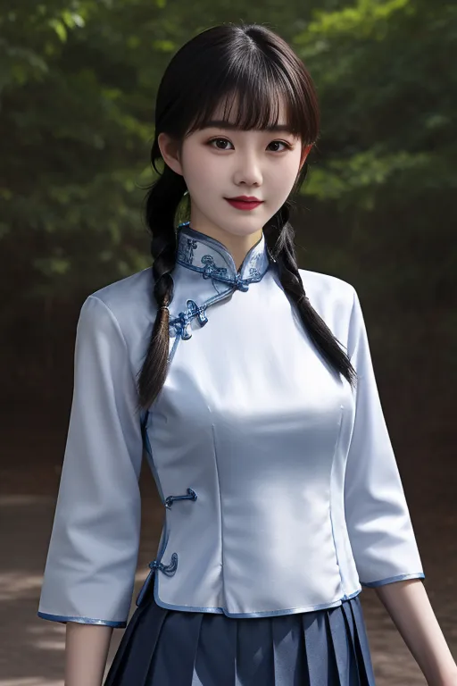 This is a picture of a young woman wearing a cheongsam. The cheongsam is a traditional Chinese dress that is typically worn by women. It is usually made of silk or satin and is often decorated with intricate designs. The woman in the picture is wearing a blue cheongsam with a white collar. She has her hair braided and is wearing light makeup. She is standing in a park and is surrounded by trees.