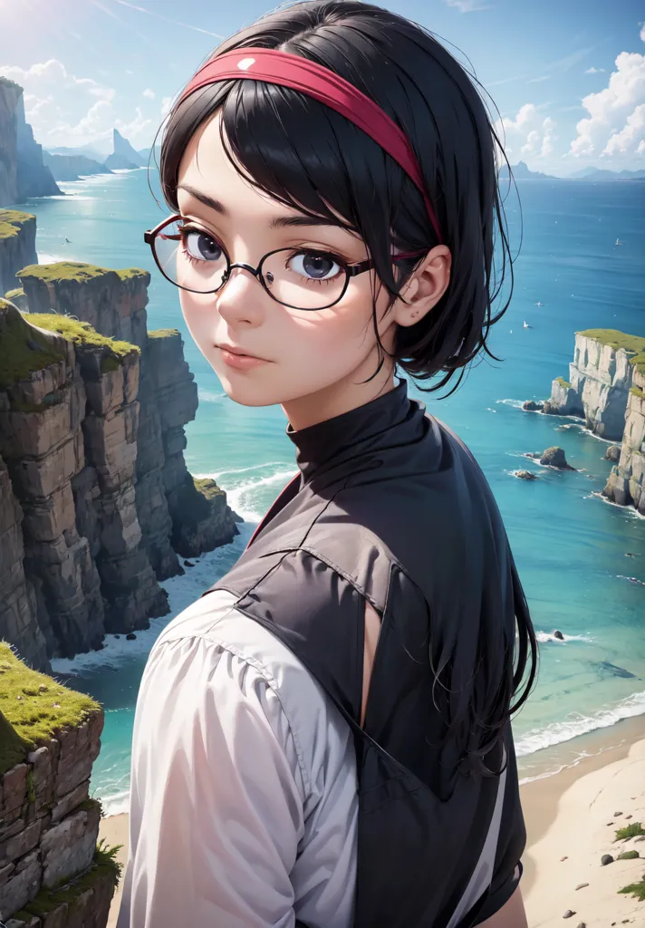 An anime girl with short black hair and brown eyes is standing on a cliff overlooking the ocean. She is wearing a white shirt, a black vest, and a red headband. She has a serious expression on her face.