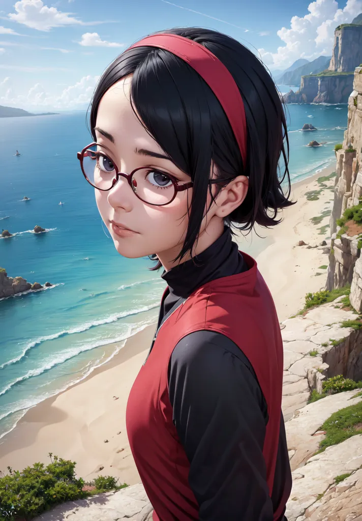 The image shows an anime girl with short black hair and brown eyes. She is wearing a red headband and glasses. She is standing on a cliff overlooking the ocean. The water is a deep blue color and the sky is light blue with white clouds. There are some rocks and vegetation on the cliff.