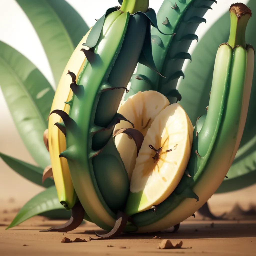 This is a picture of a banana plant. The bananas are green and unripe. The plant has large, sharp thorns on its stem and leaves. The thorns are a defense mechanism to protect the plant from being eaten by animals. The plant is growing in a sandy soil. The background is a desert with mountains in the distance.