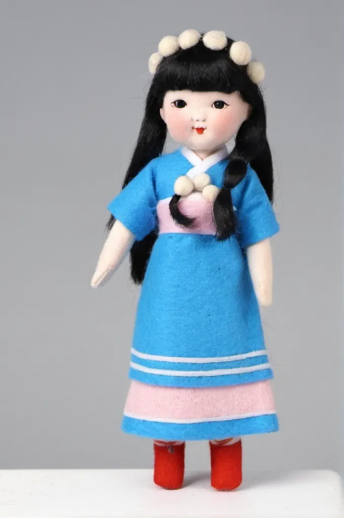 The image shows a doll with black hair, black eyes, and a pink face. She is wearing a blue dress with a white collar and red shoes. She is also wearing a necklace and a bracelet. The doll is standing on a white surface.