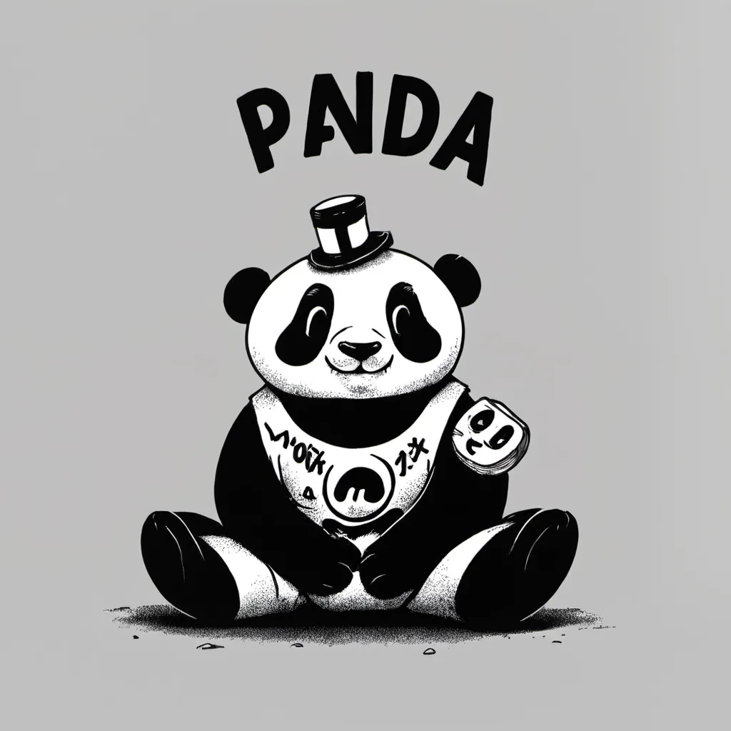 The image is a cartoon drawing of a panda. It is wearing a top hat and has a monocle in its right eye. The panda is sitting on its haunches with its feet together. It has a big smile on its face. The word \