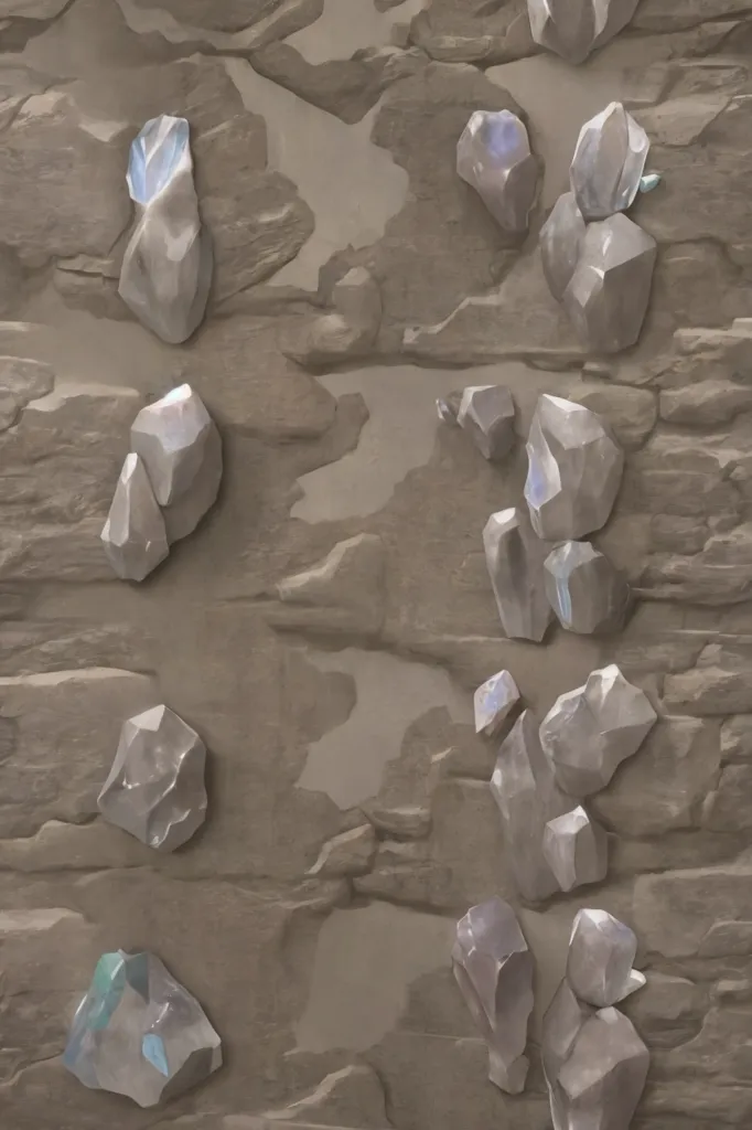 The image shows a rough-cut stone wall with twelve fist-sized chunks of ore embedded in it. The rock is a mid-toned grey and the ore is a lighter grey with blue and purple highlights.