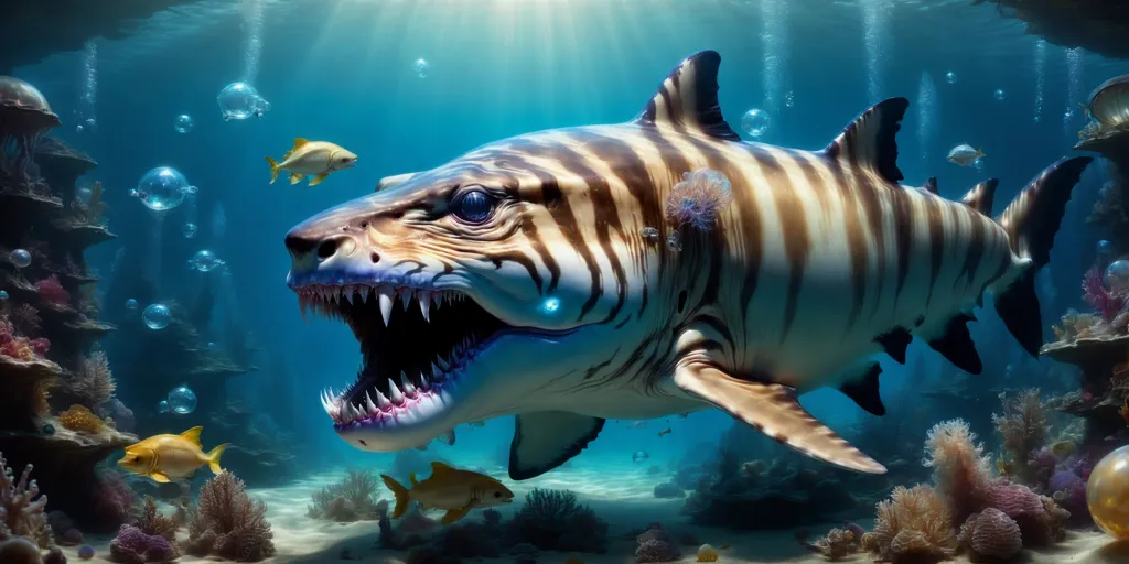 The image shows a large, prehistoric shark with a tiger-like pattern on its body. It is swimming in a deep blue sea, surrounded by colorful coral reefs and small fish. The shark has its mouth open, revealing sharp teeth. Its eyes are blue and hostile. The image is so realistic that it makes people feel as if they are in the underwater world.