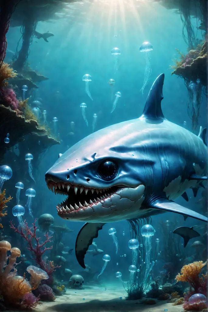 The image shows a large, white shark with big, sharp teeth swimming in a deep, blue ocean. The shark has its mouth open and is. It is surrounded by small, blue jellyfish. The shark is swimming towards the viewer, and its eyes are wide and alert. The background of the image is a dark blue, and there are some rocks and coral in t