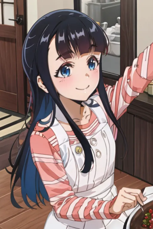 The image depicts a young girl with long black hair and blue eyes. She is wearing a pink and white striped shirt and a white apron. She is standing in a kitchen and is holding what appears to be a wooden spoon. The background of the image is blurred, but it looks like there is a counter and a sink behind her. The girl has a smile on her face and she seems to be enjoying cooking.