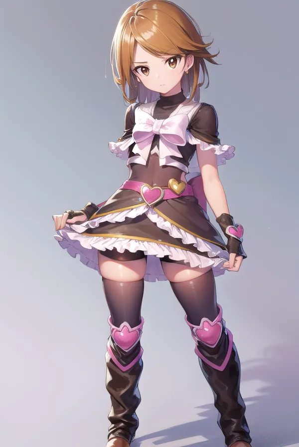 The image depicts an anime girl with brown hair and brown eyes. She is wearing a brown and pink outfit with a white bow on her chest and a pink heart-shaped belt. She is also wearing brown boots with pink heart-shaped buckles. The girl is standing with her hands on her hips and has a slightly smug expression on her face.