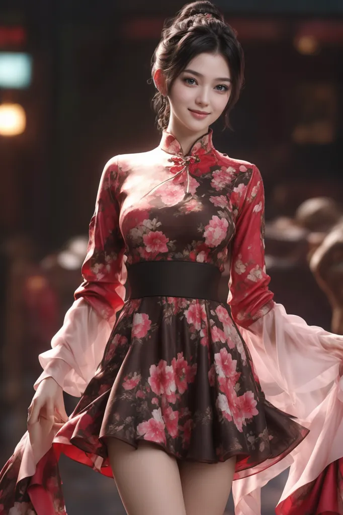 The image shows a young woman wearing a red and pink cheongsam. The cheongsam is a traditional Chinese dress that is typically worn by women. It is a one-piece dress that is fitted to the body and has a high collar. The cheongsam is often made of silk or other luxurious fabrics and is often decorated with intricate designs. The woman in the image is wearing a cheongsam that is made of a red fabric with a pink floral pattern. The cheongsam has a high collar and is fitted to her body. She is also wearing a black belt. The woman's hair is pulled back in a bun and she is wearing light makeup. She is standing in a room that is decorated with red lanterns.