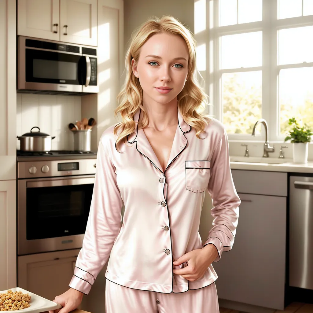 The image shows a woman in a pink satin pajama standing in a kitchen. She has long blond hair and blue eyes. She is looking at the camera with a slight smile on her face. She is wearing a pink satin pajama with black piping. The pajama has a collar and buttons down the front. The sleeves are long and have black cuffs. The woman is standing in front of a counter. On the countertop is a white bowl with some cereal in it. There is also a small pitcher on the countertop. The woman is holding the collar of her pajama top with her right hand.