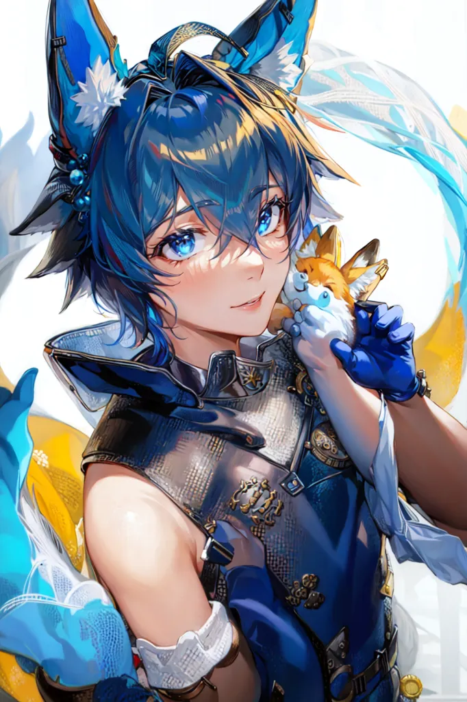 The picture shows a young man with blue hair and fox ears. He is wearing a blue and yellow outfit. He has a friendly smile on his face and is holding a small orange fox in his hands. The background is white with a few light blue and yellow streaks.