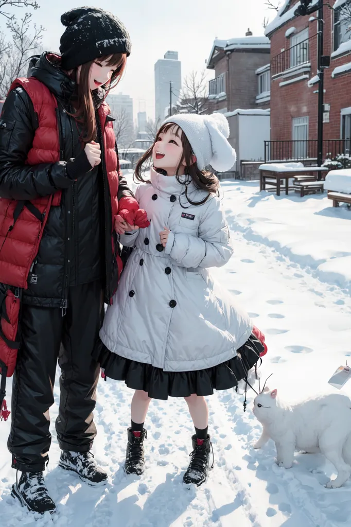 图像显示两个动漫女孩站在雪地中。左边的女孩穿着红黑色夹克,黑色毛线帽和黑色裤子。她正牵着右边女孩的手。右边的女孩穿着白色大衣,带有兔耳朵的白色毛线帽和黑色短裙。穿白色大衣的女孩正微笑着闭着眼睛,而穿红黑色夹克的女孩则温柔地看着她。在她们面前,有一只白色的猫坐在雪地上。背景是一条模糊的雪覆盖的城市街道,有树木和建筑物。