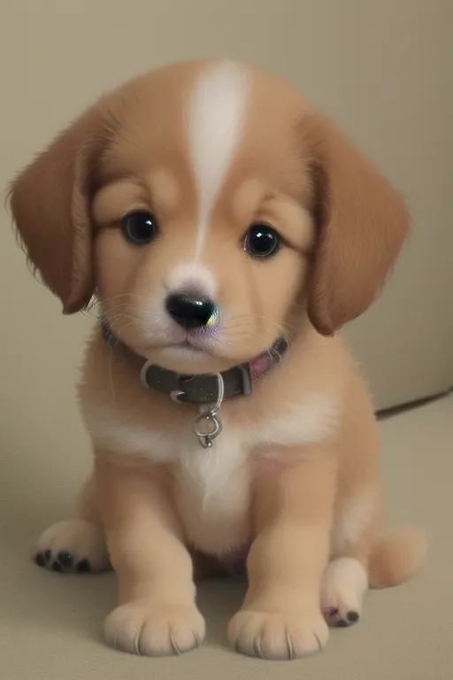 The image shows a small, cute puppy with light brown fur and a white belly. It has a black nose and dark brown eyes. The puppy is wearing a collar with a tag on it. It is sitting on a beige surface, looking up at the viewer with a curious expression.