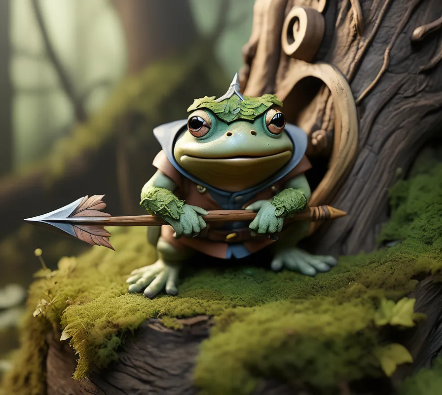 The image shows a small frog sitting on a mossy rock in a forest. The frog is wearing a brown leather vest and a green hat with a leaf on it. It is also carrying a bow and arrow. The frog has a determined look on its face, as if it is about to embark on a great adventure.