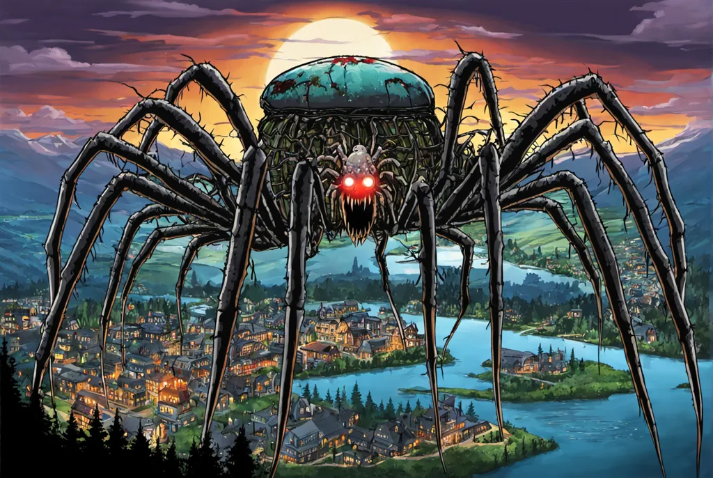 The image shows a giant spider standing in a valley. The spider is mostly black with red eyes and a green head. It has many long, sharp legs and is surrounded by trees and houses. The sky is dark, and there is a full moon in the background. The spider is standing on a web, and there are several human figures running away from it.