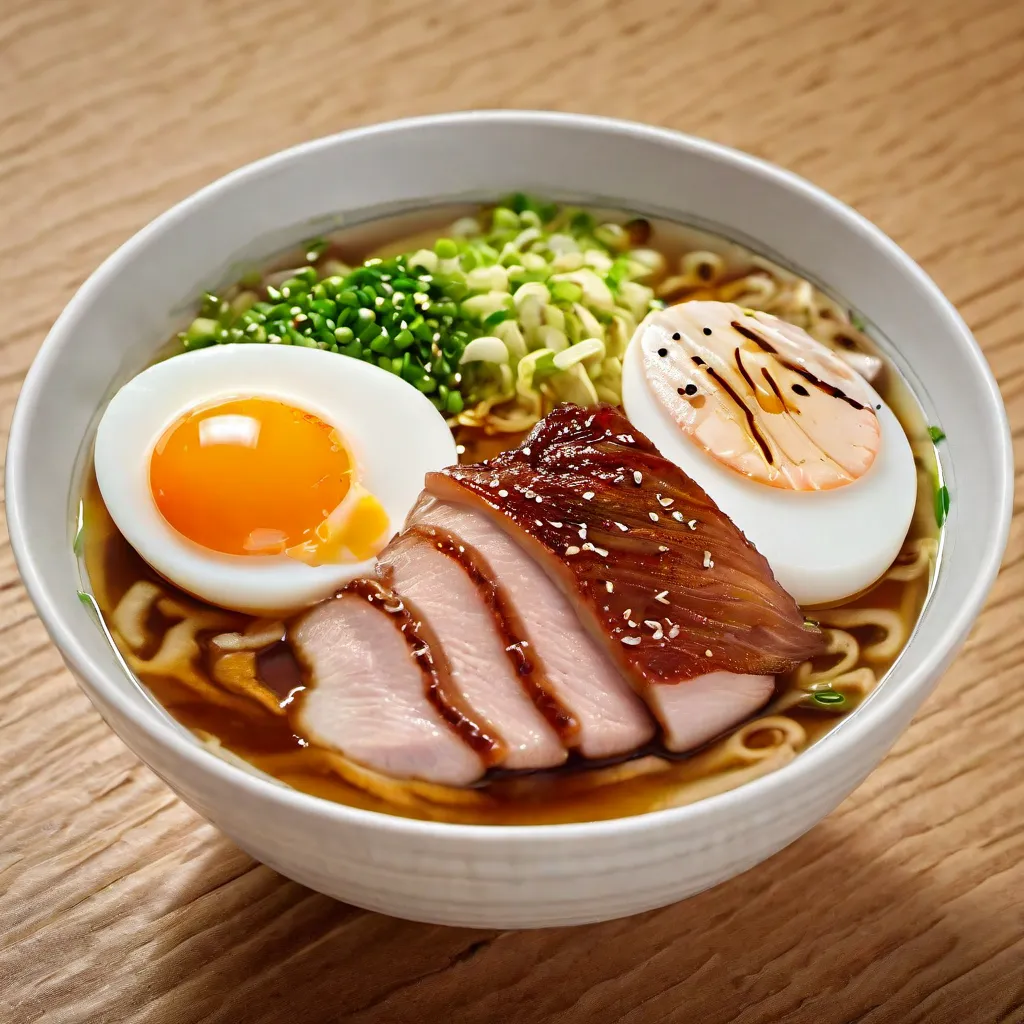 A bowl of ramen with 叉烧 (chāshū), a type of barbecued pork, and a soft-boiled egg. The ramen is served in a rich broth with green onions and other top